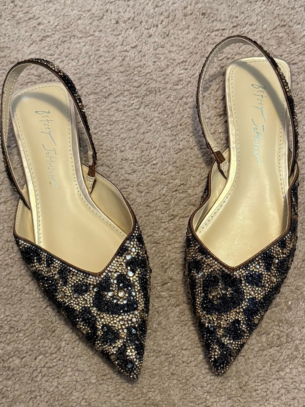 Betsy Johnson Leopard Beaded Pointed Slingback Flats - Metallic Black